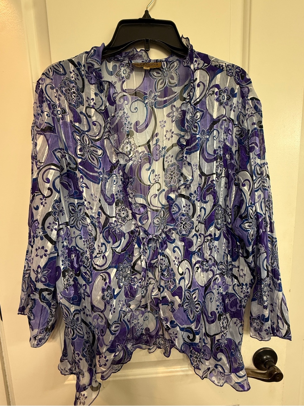 Notations Sheer Floral Tie-Front Tunic in Purple and White